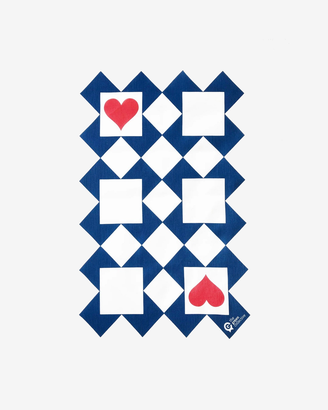 Tea towel in blue and white shapes with red hearts
