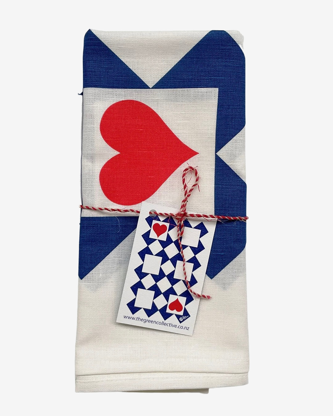 Tea towel in blue and white shapes with red hearts