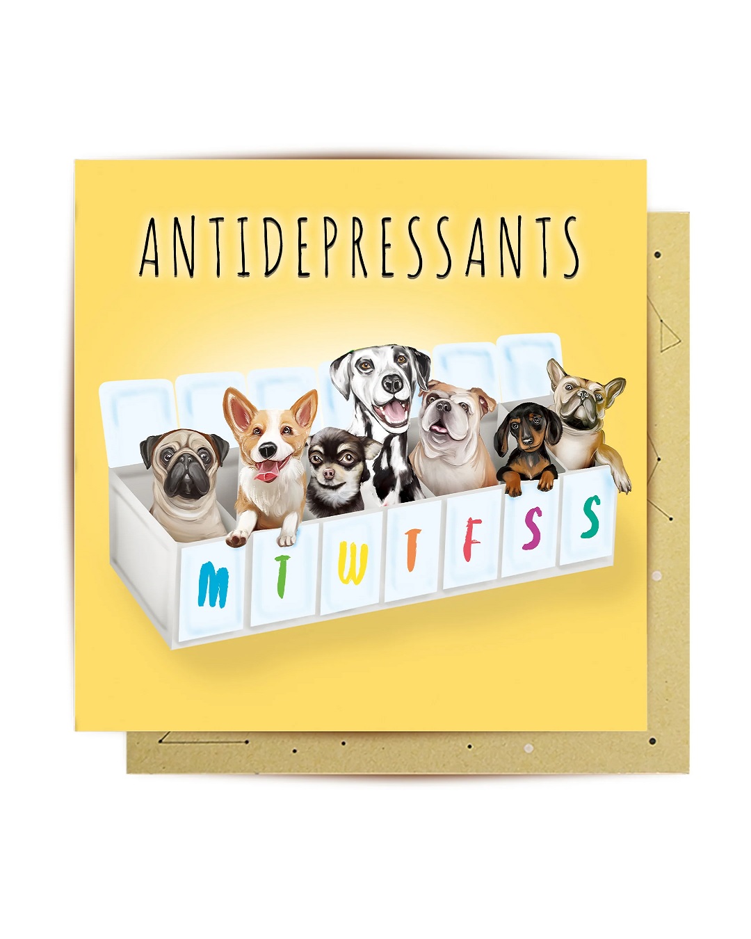Card with animals in a pill container that reads antidepressants