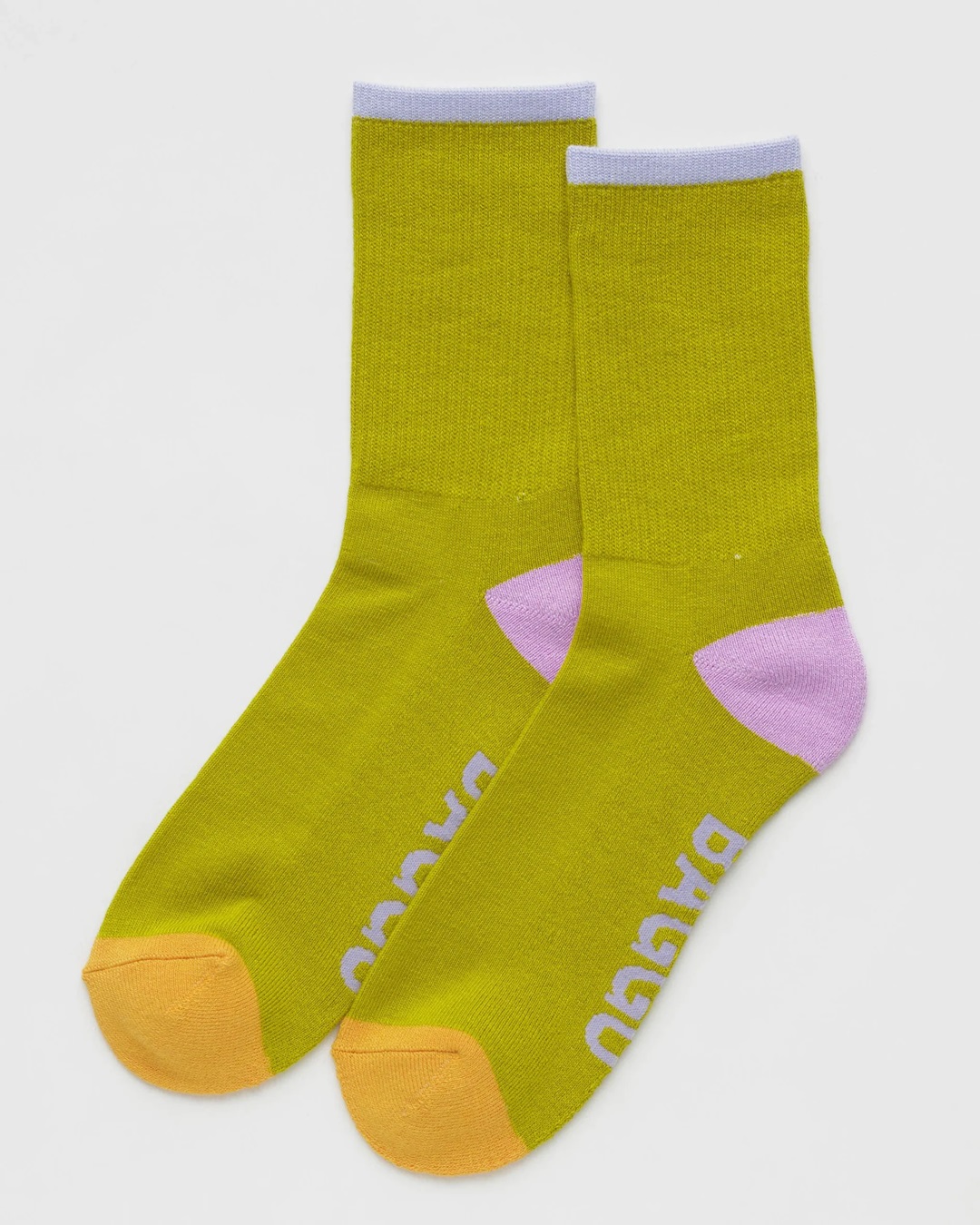 Citron pair of socks with pink coloured toes and orange heels