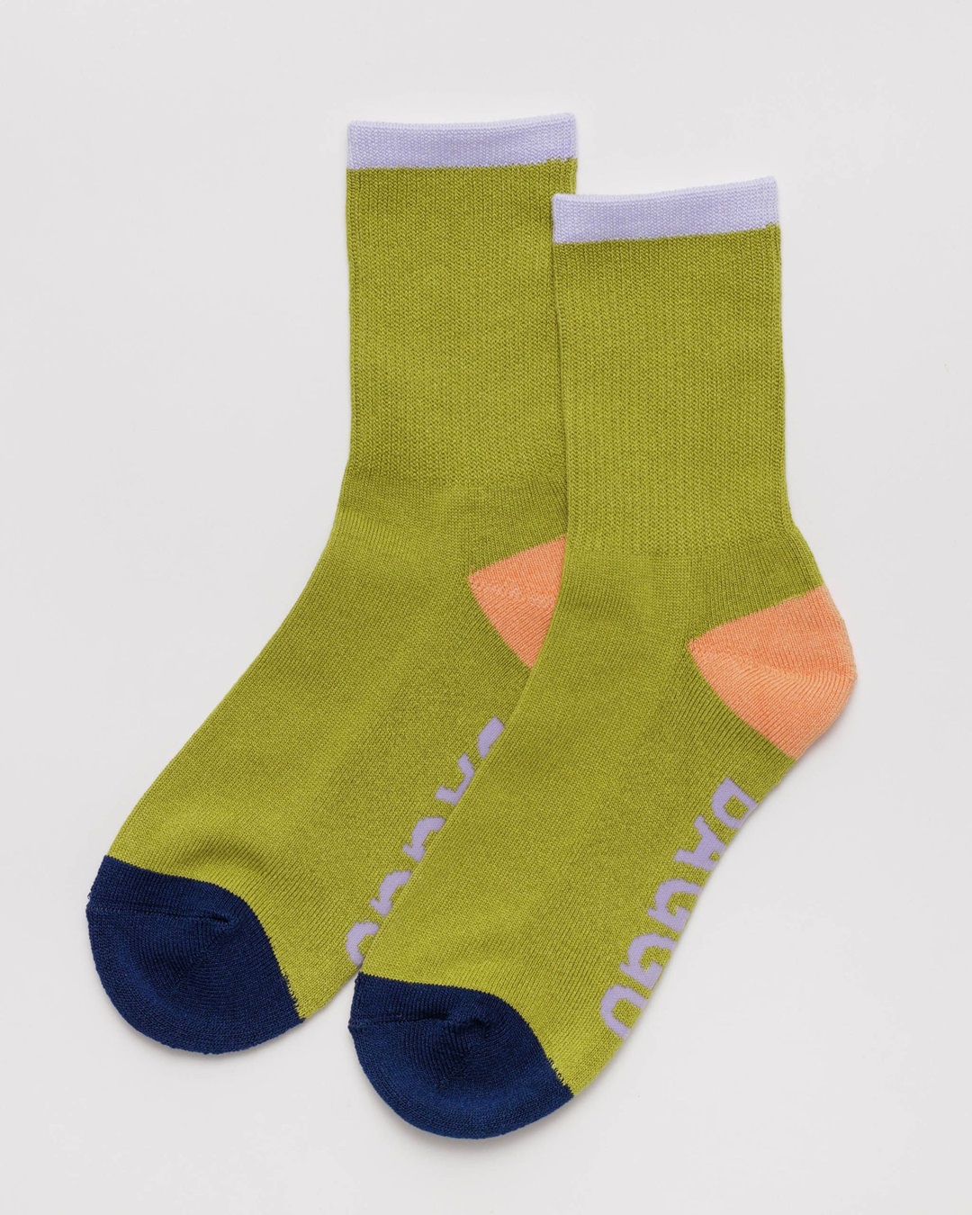 Lemongrass pair of socks with navy blue coloured toes and orange heels