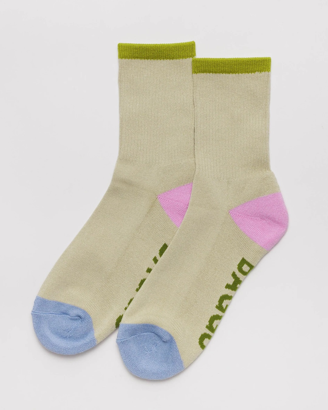 Stone pair of socks with blue coloured toes and pink heels