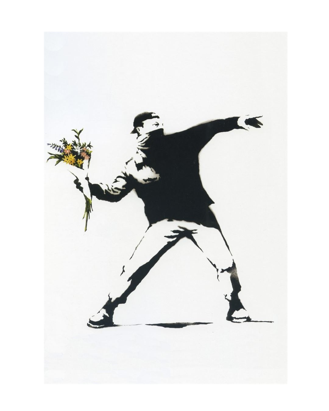 Banksy art man throwing flowers on a card