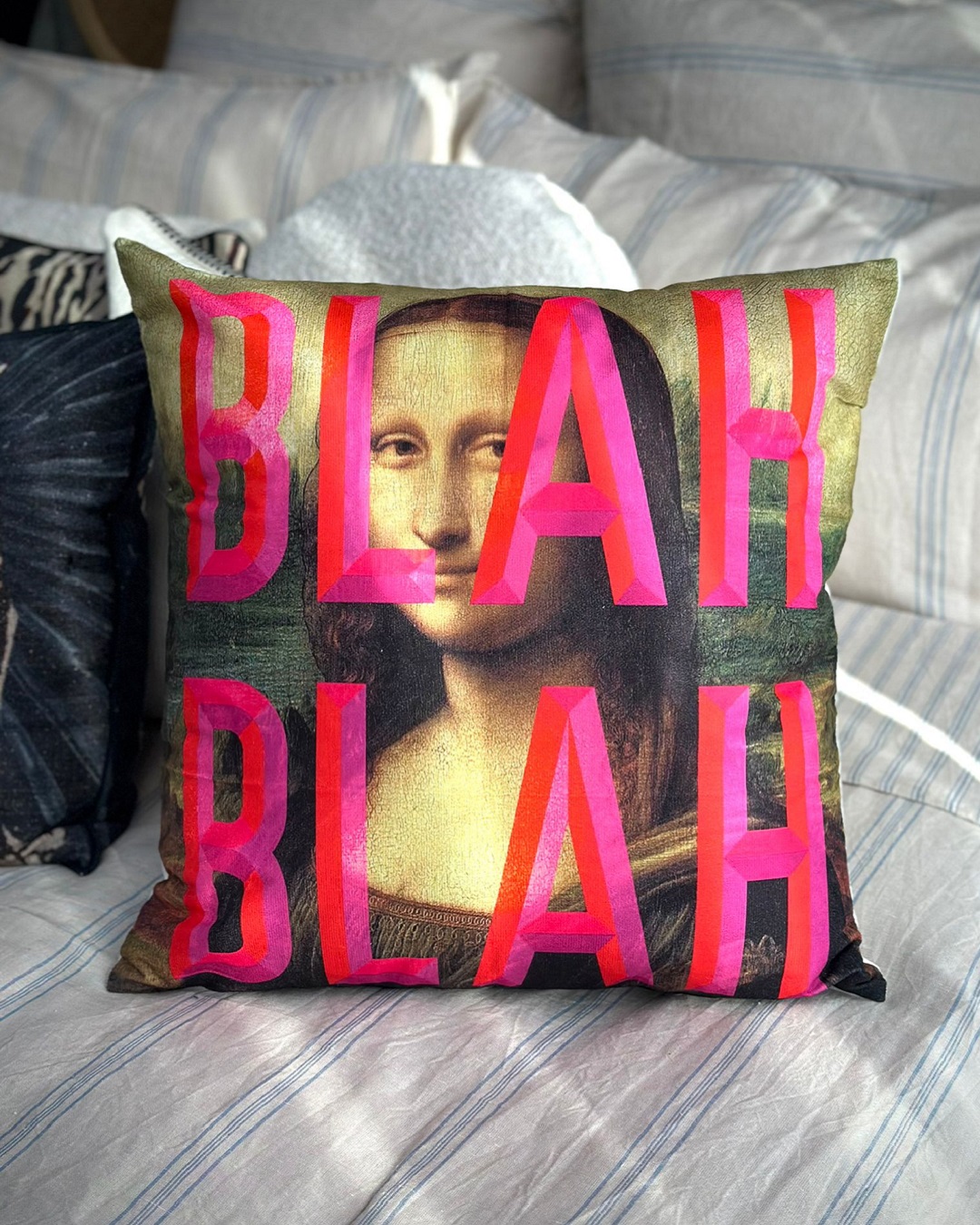 painting on square cushion with blah blah on it