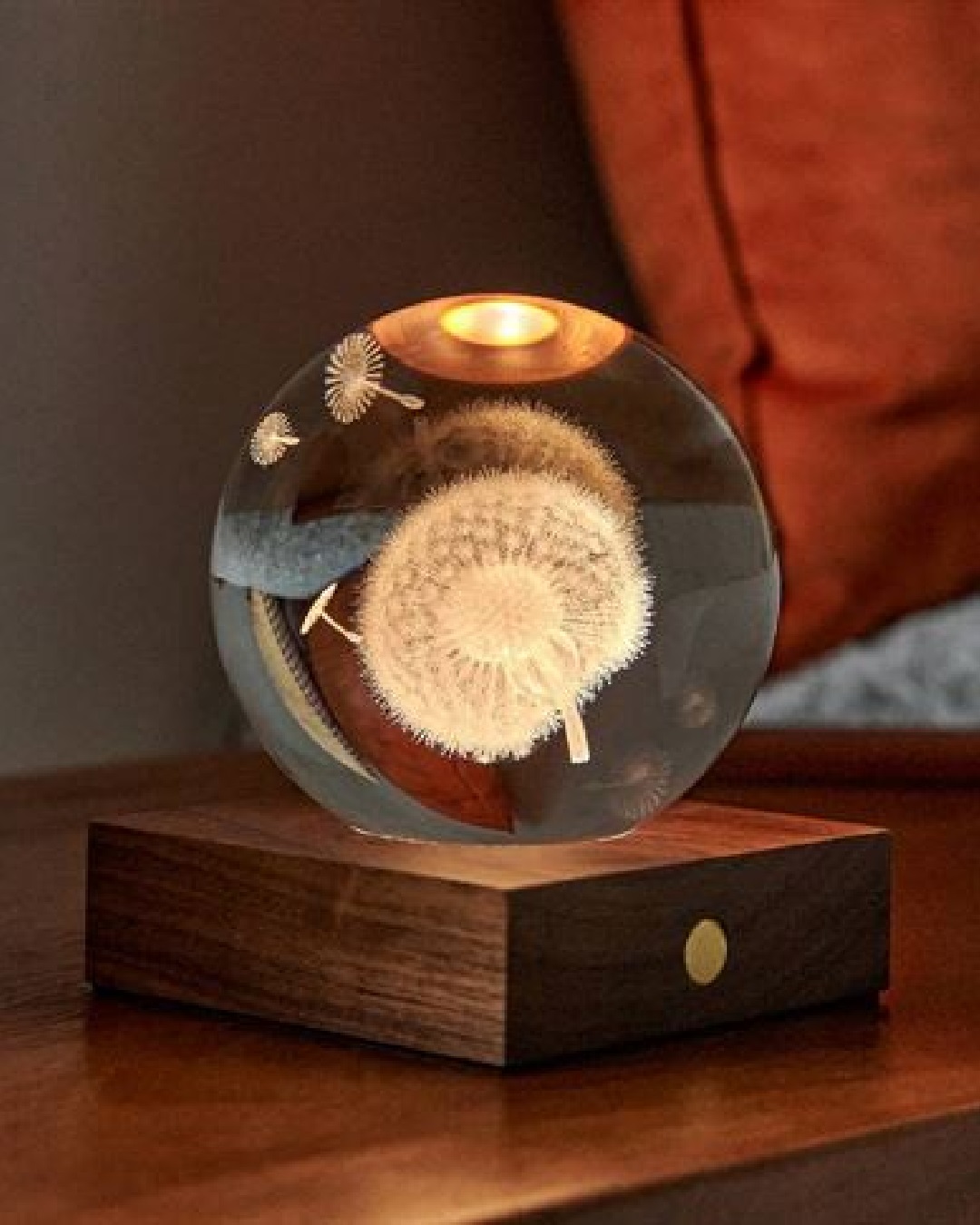 Dandelion ball light on wooden stand