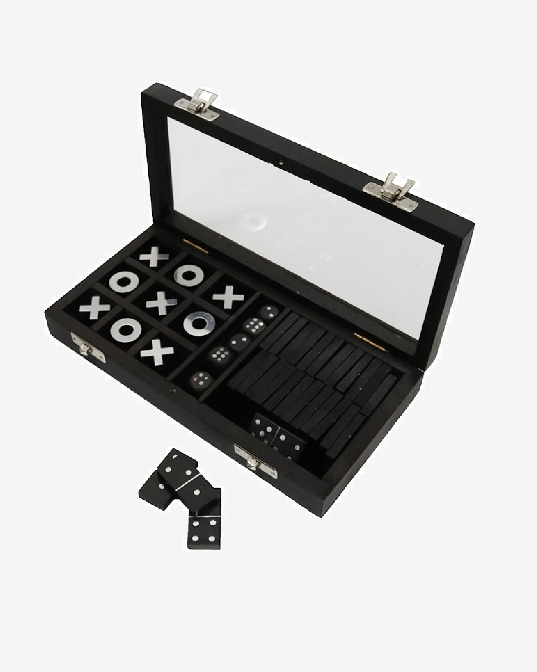 Noughts and crosses, dice and dominoes in a black box with glass lid