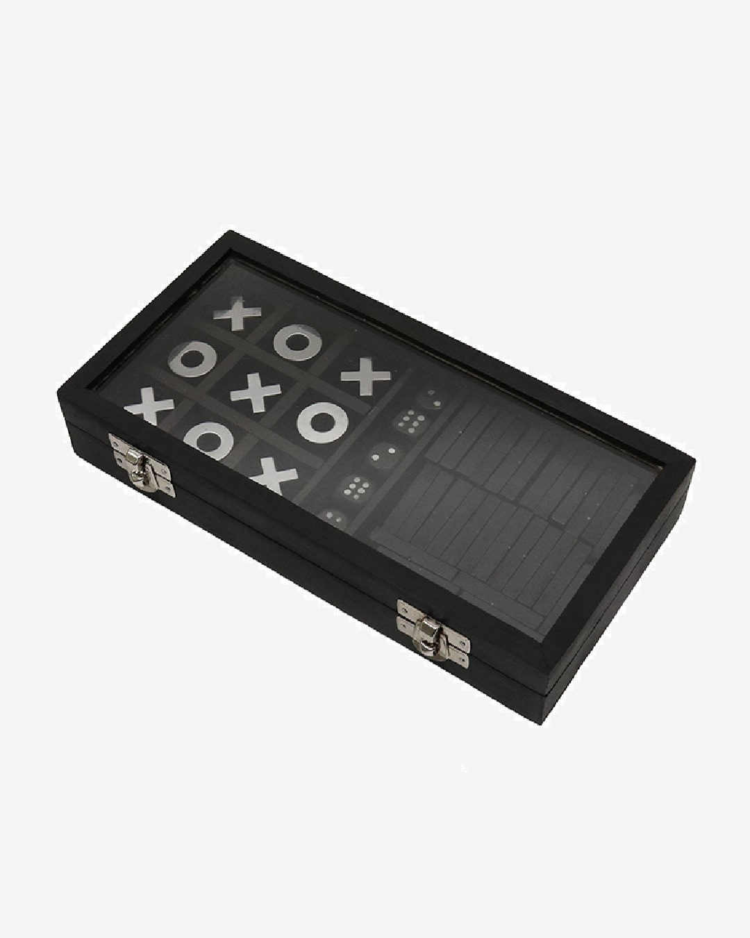 Noughts and crosses, dice and dominoes in a black box with glass lid