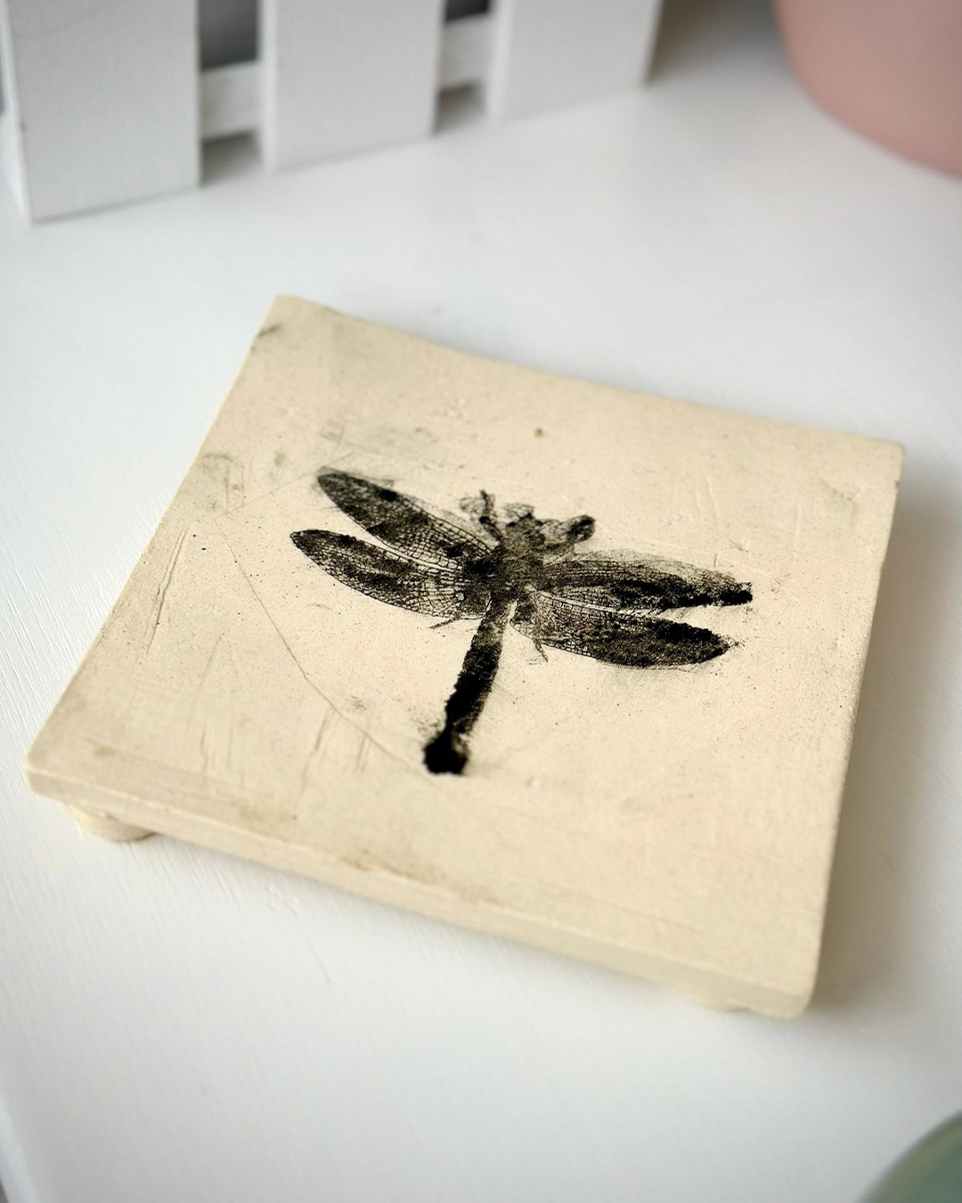 Square plinth with dragonfly print on it