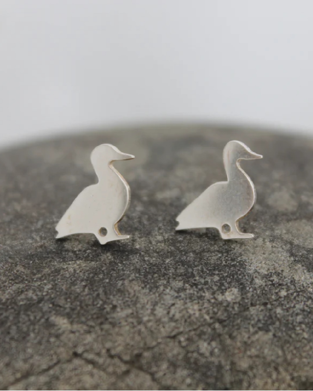 Silver duck earrings on a rock