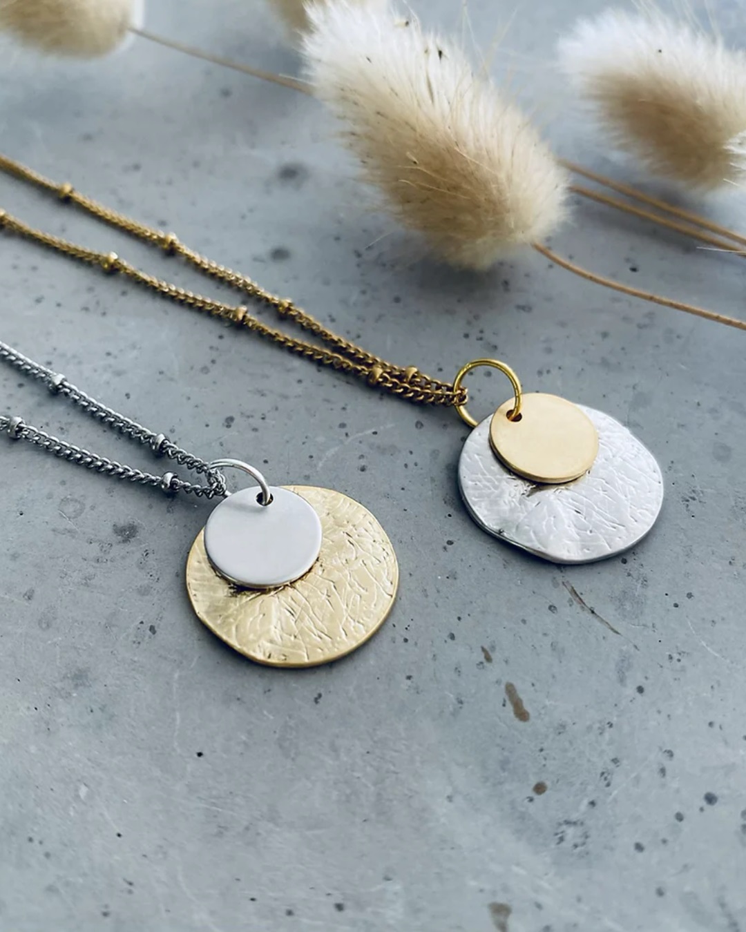 Gold and silver disk necklaces