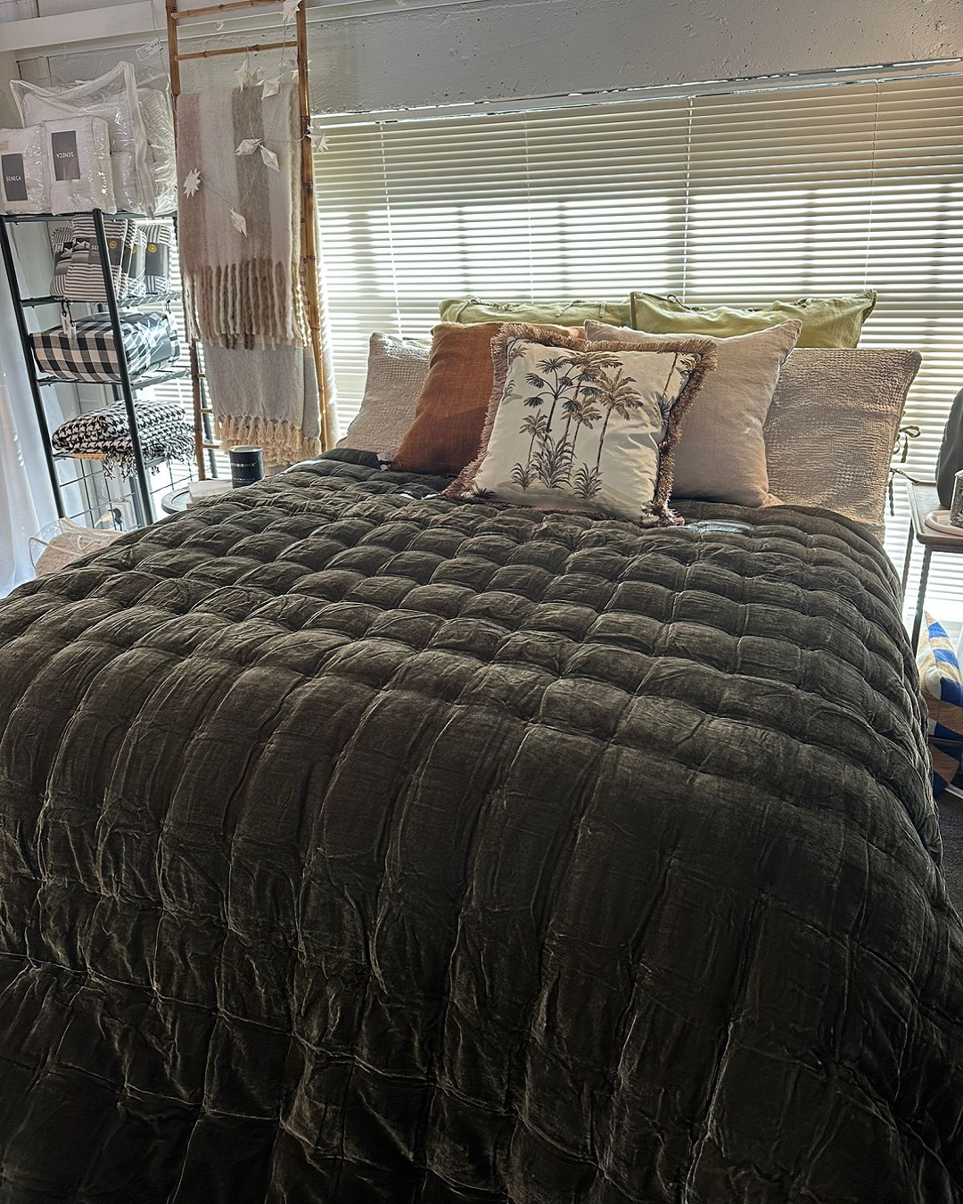 Forest green velvet bed coverlet