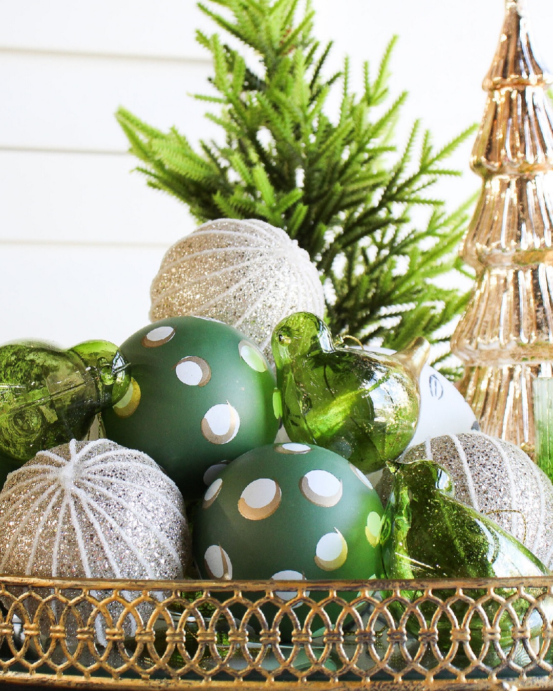 Glass green and white spotted baubles