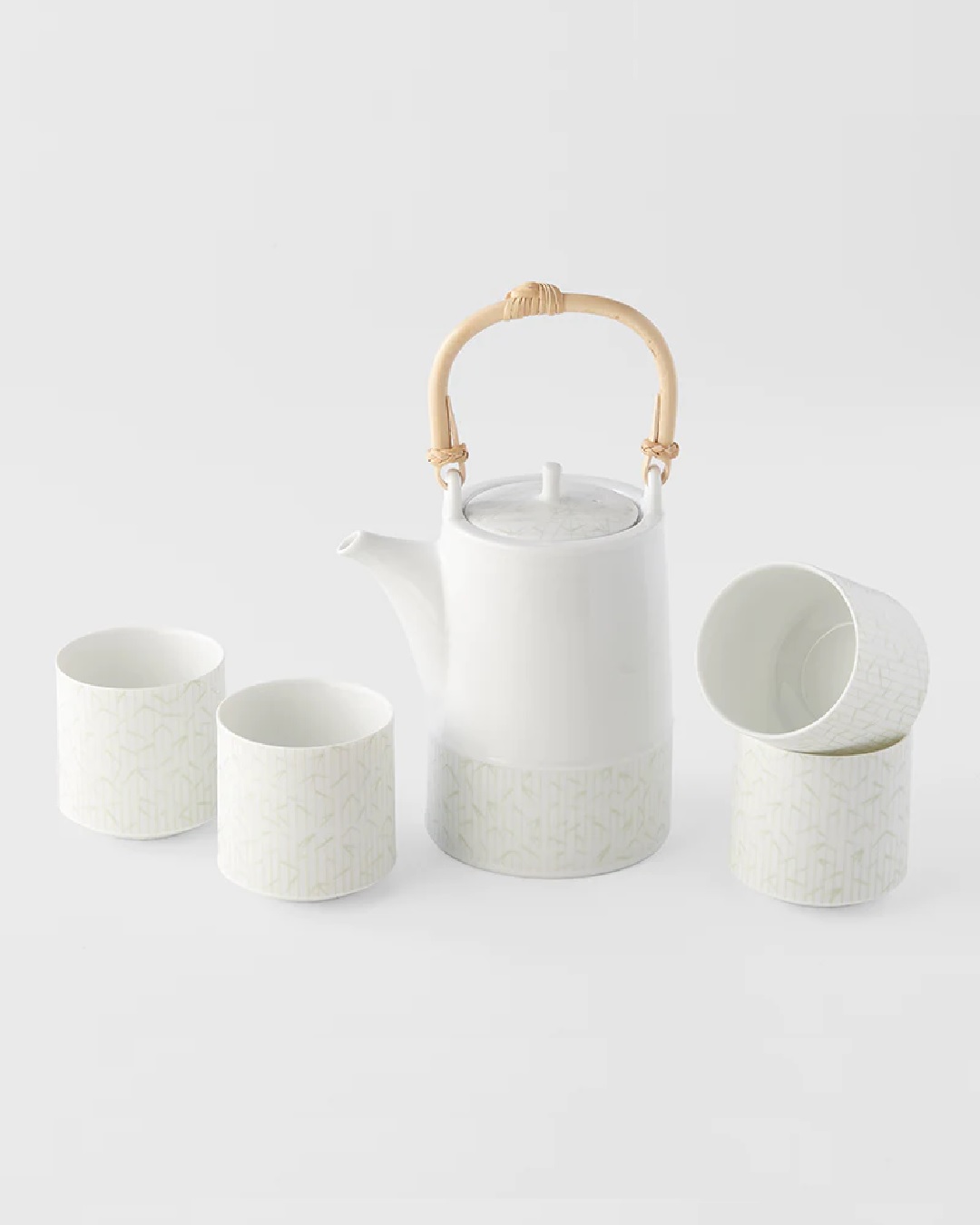 White and green bamboo tea set with 4 cups