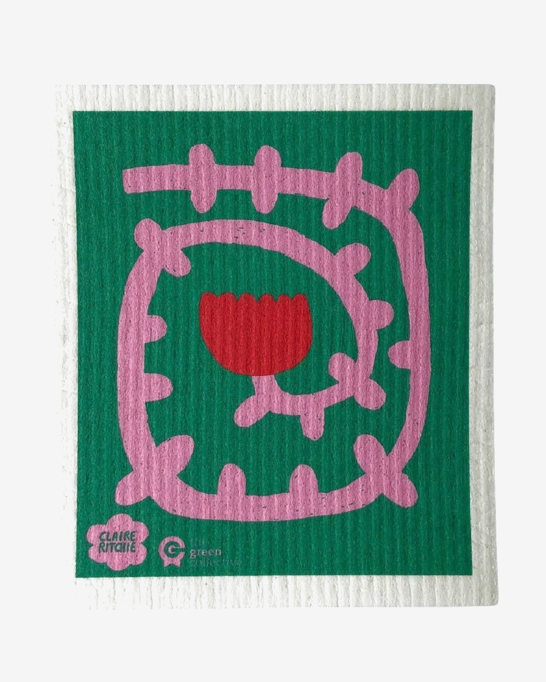 Dish cloth in green with flower in pink