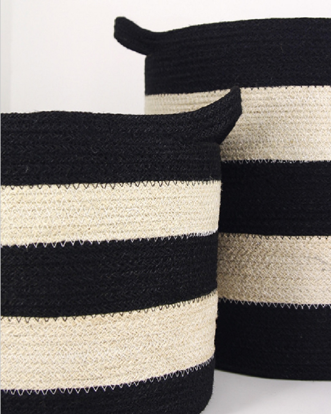 Black and white stripe jute baskets