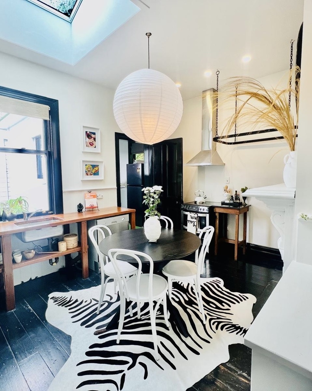 Paper lantern lightshade in dining room