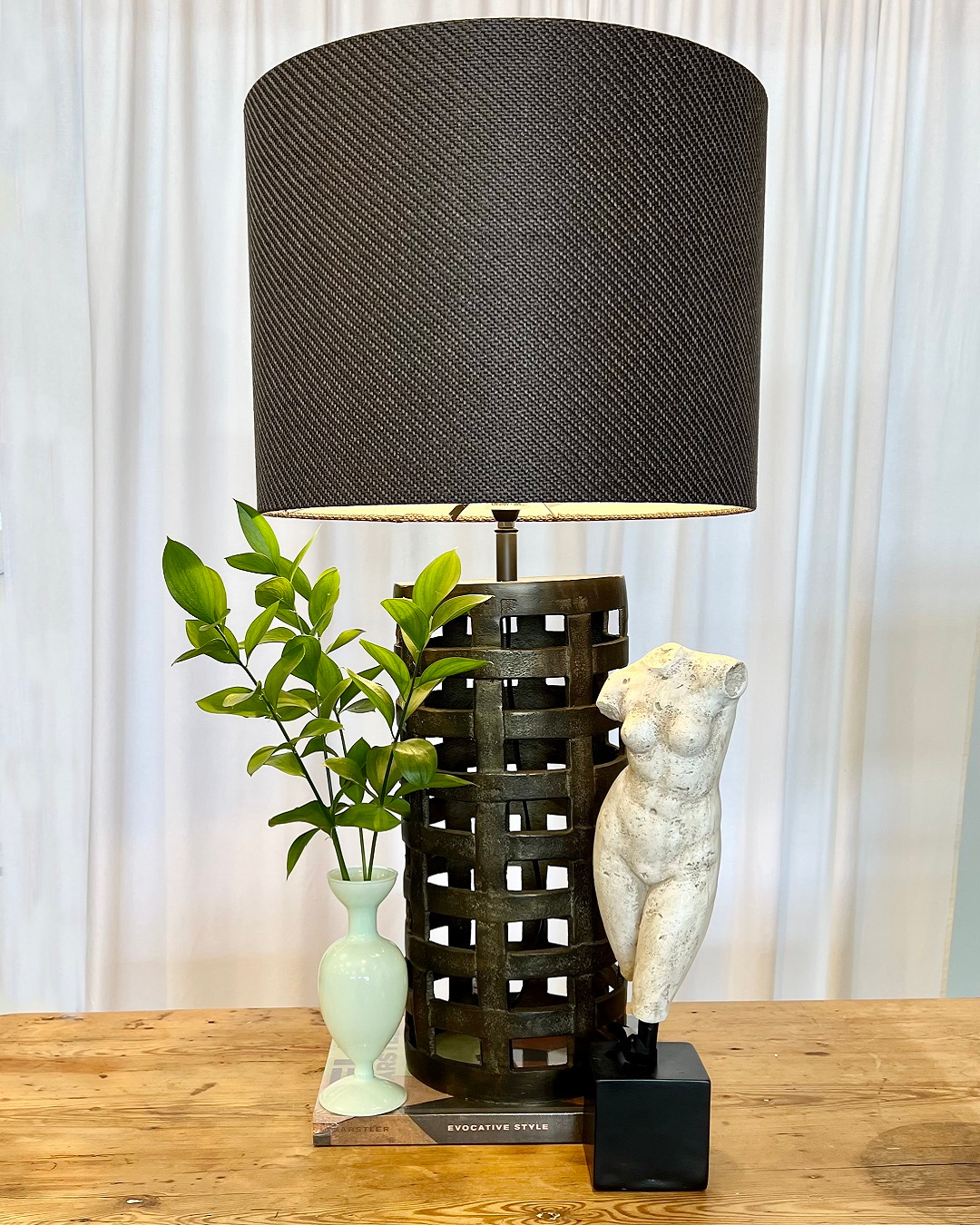 Lattice lamp base in antique brass finish