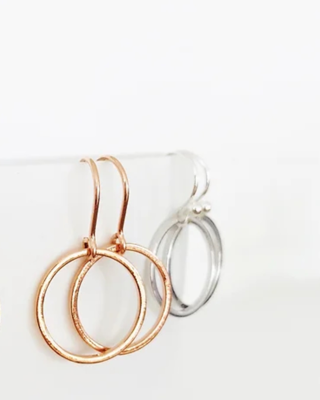 Rose gold and silver hoop drop earrings