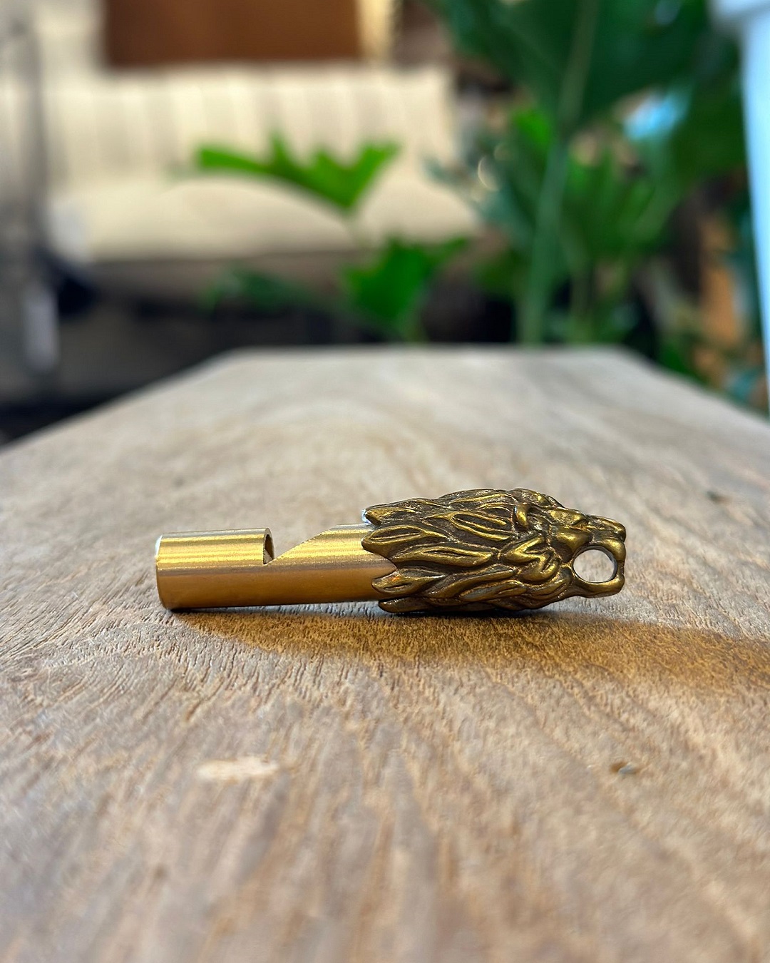 Gold lion keyring on a table