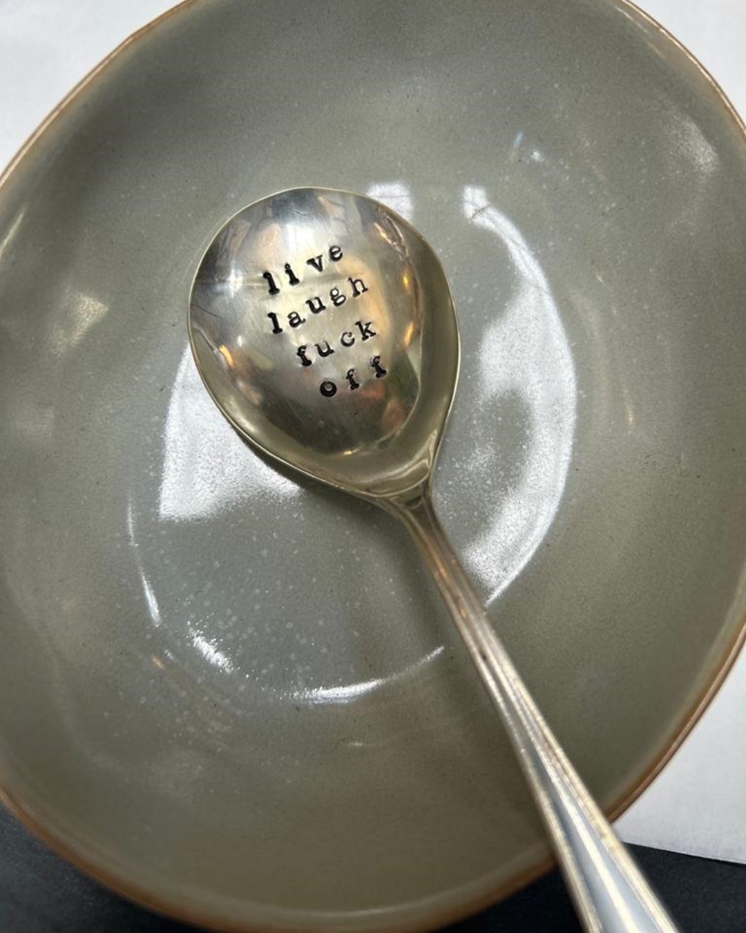 Silver stamped spoon live laugh fuck off