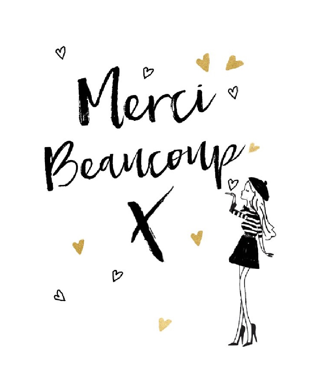 Card with lady blowing kiss and reads merci beaucoup