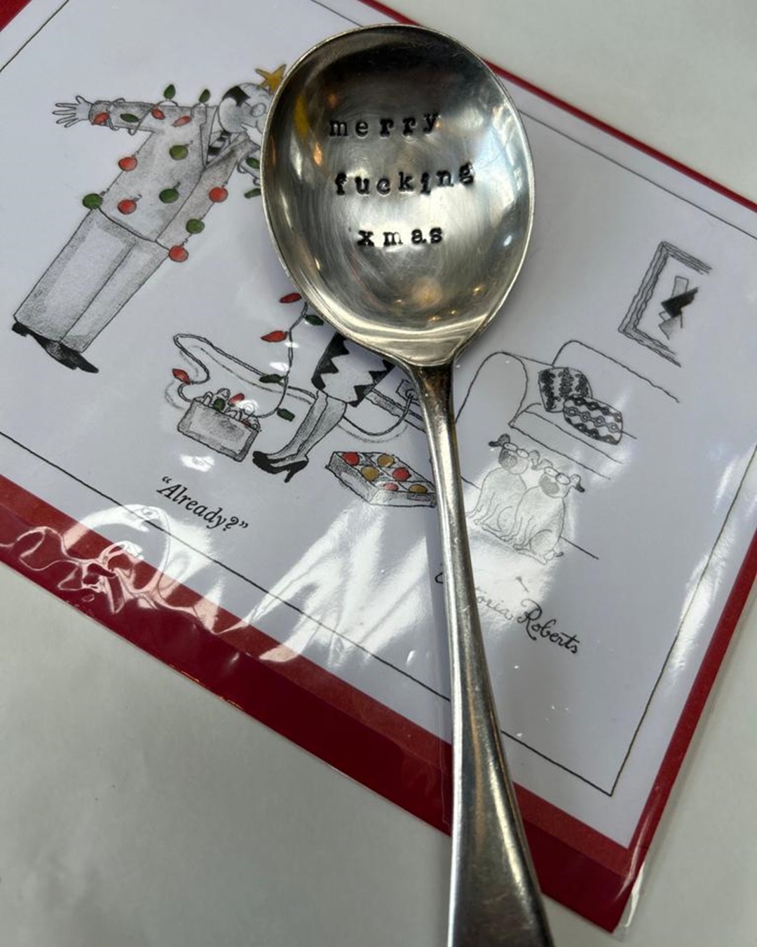 Silver stamped spoon merry fucking xmas