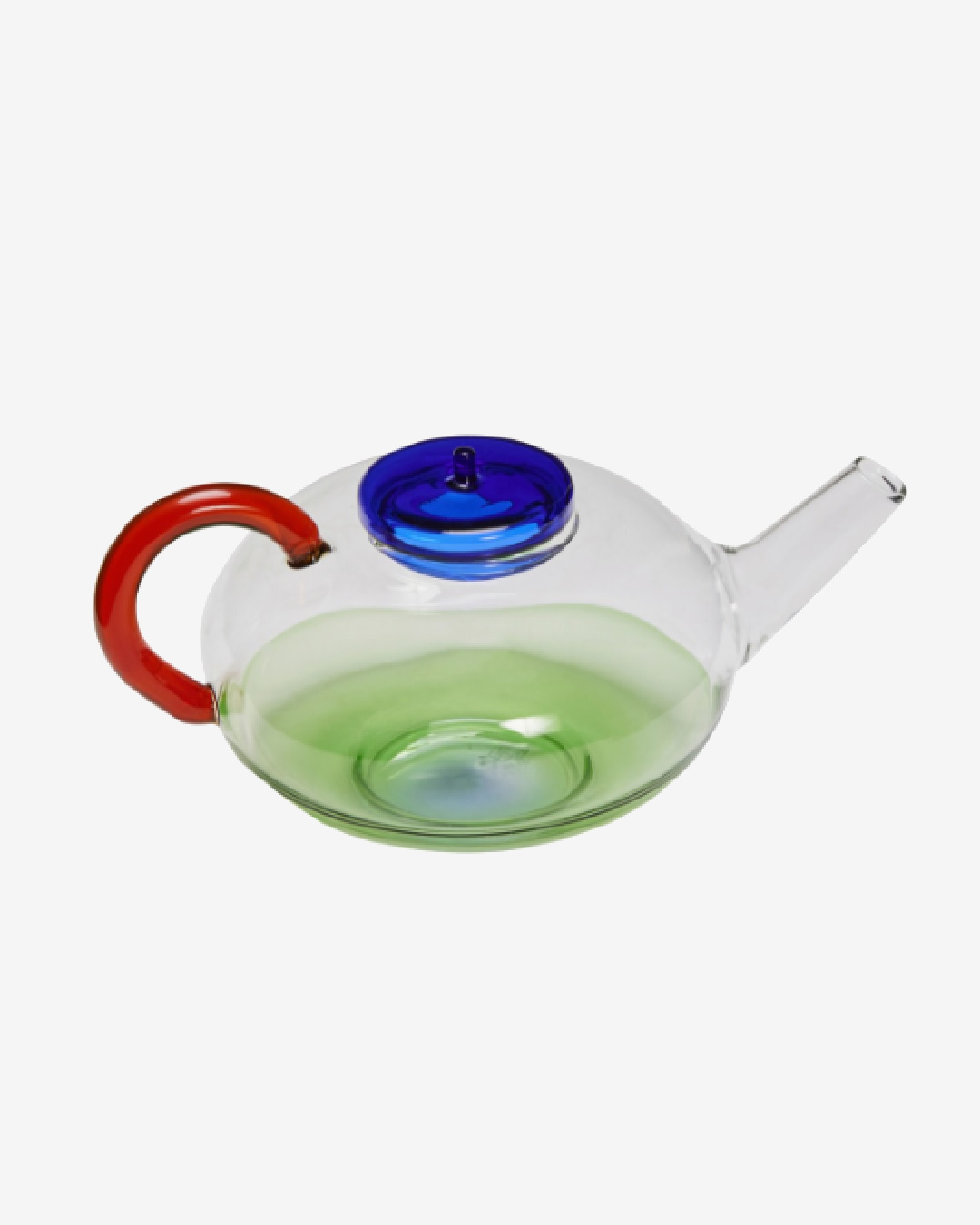 Clear teapot in green and blue with red handle