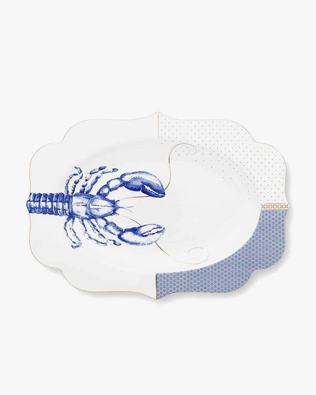 Crayfish blue and white large platter oval shape