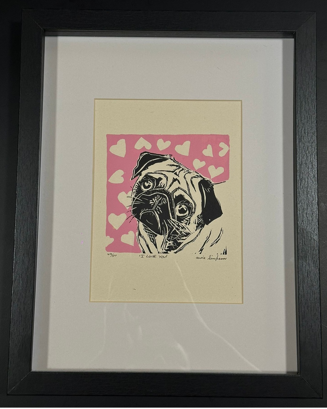 Owie Simpson Pug Print I Love You in Black Frame 47/50 Original