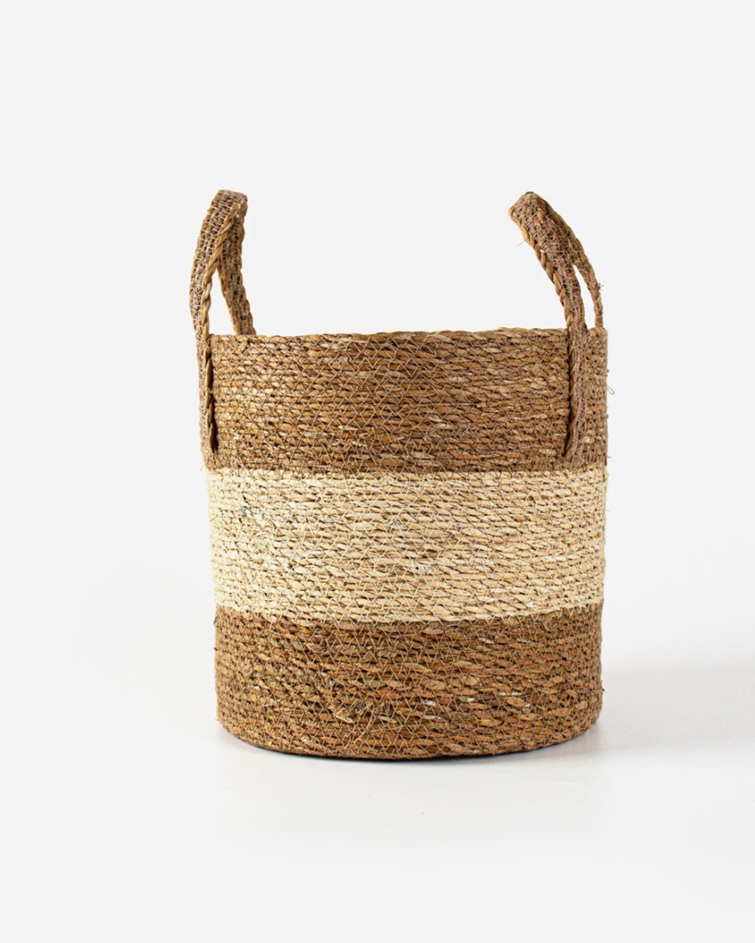 Round cylinder stripe brown natural seagrass basket with handle on each side