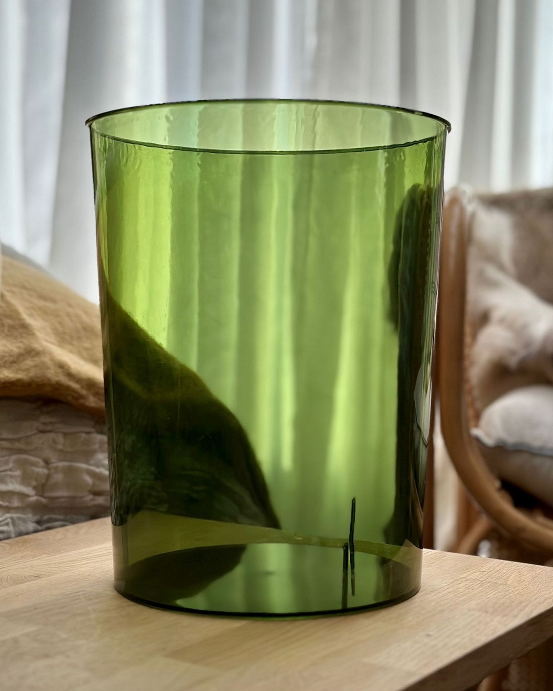 Transparent green cylinder rubbish bin on table