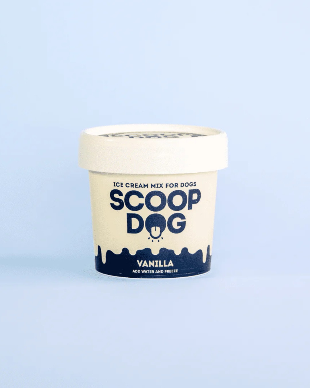 Scoop dog vanilla ice cream container with blue background