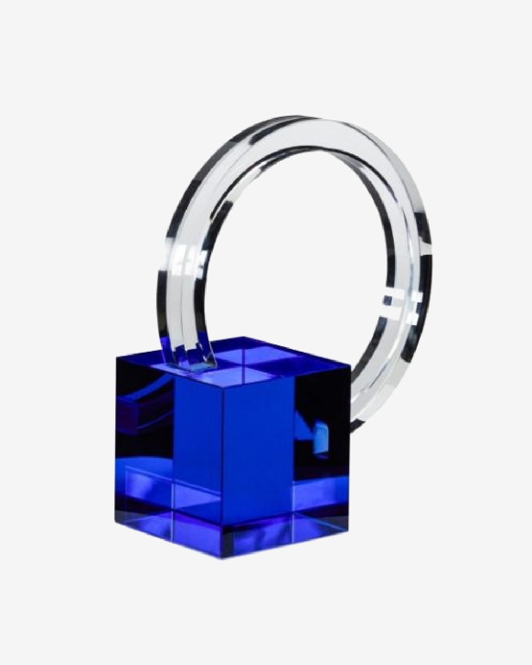 Blue and clear glass bookend with a loop