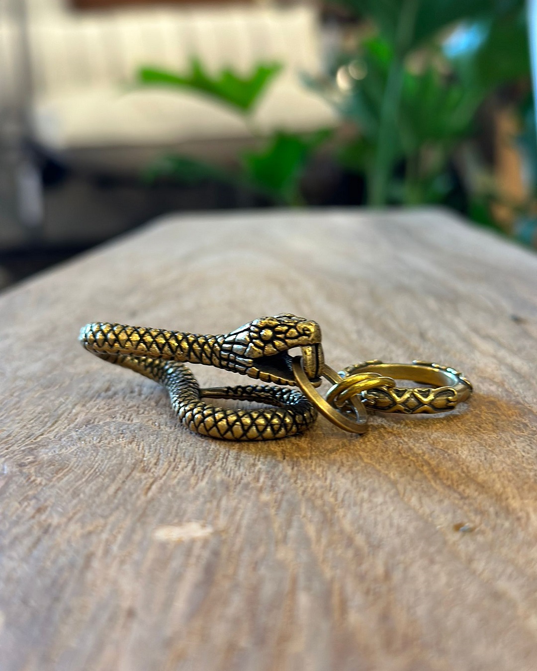 Gold snake keyring on table