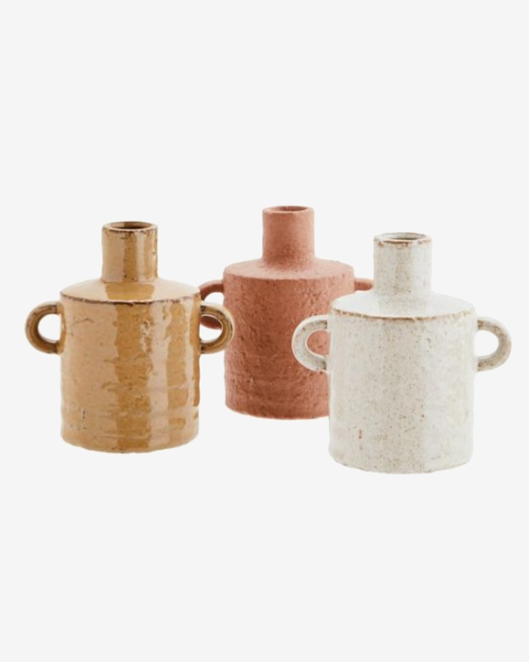 Stoneware vases with handles mustard brick and white coloured