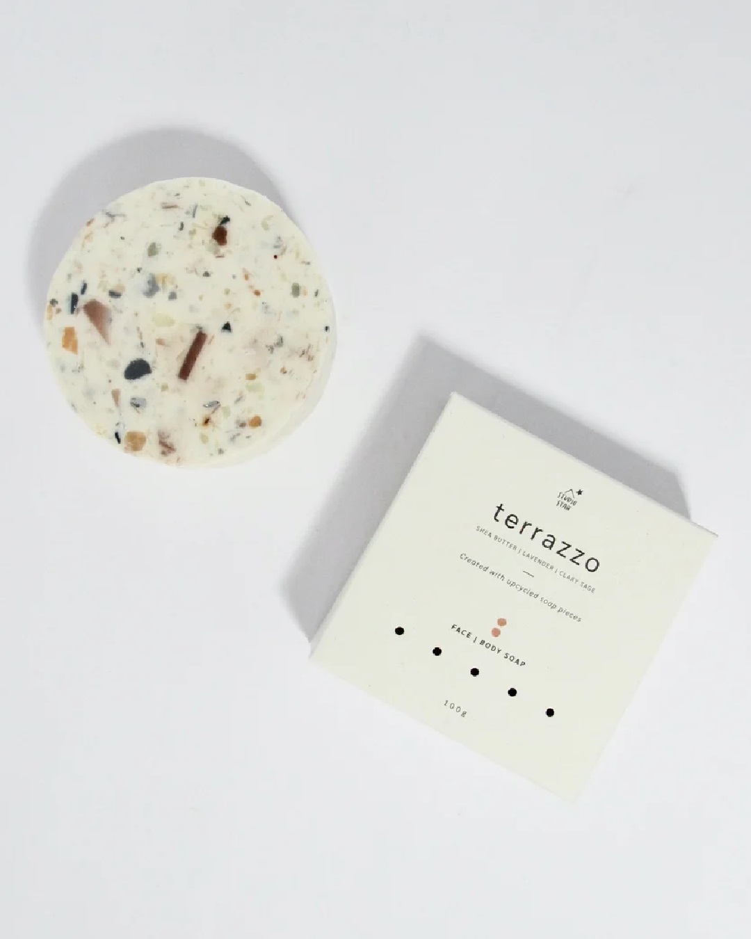 Terrazzo soap next to box