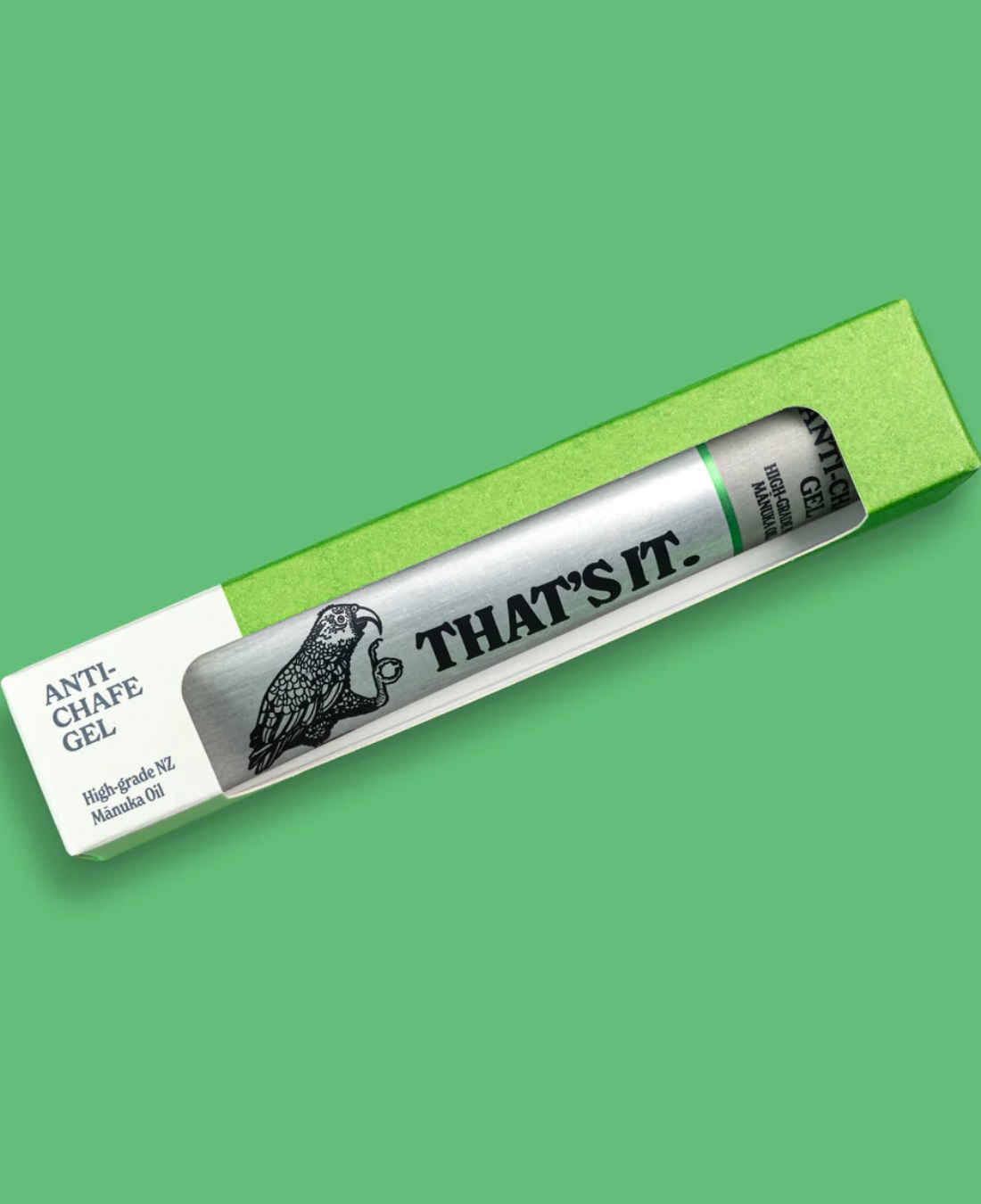 That's it anti chafe gel in silver aluminium tube in box on green background