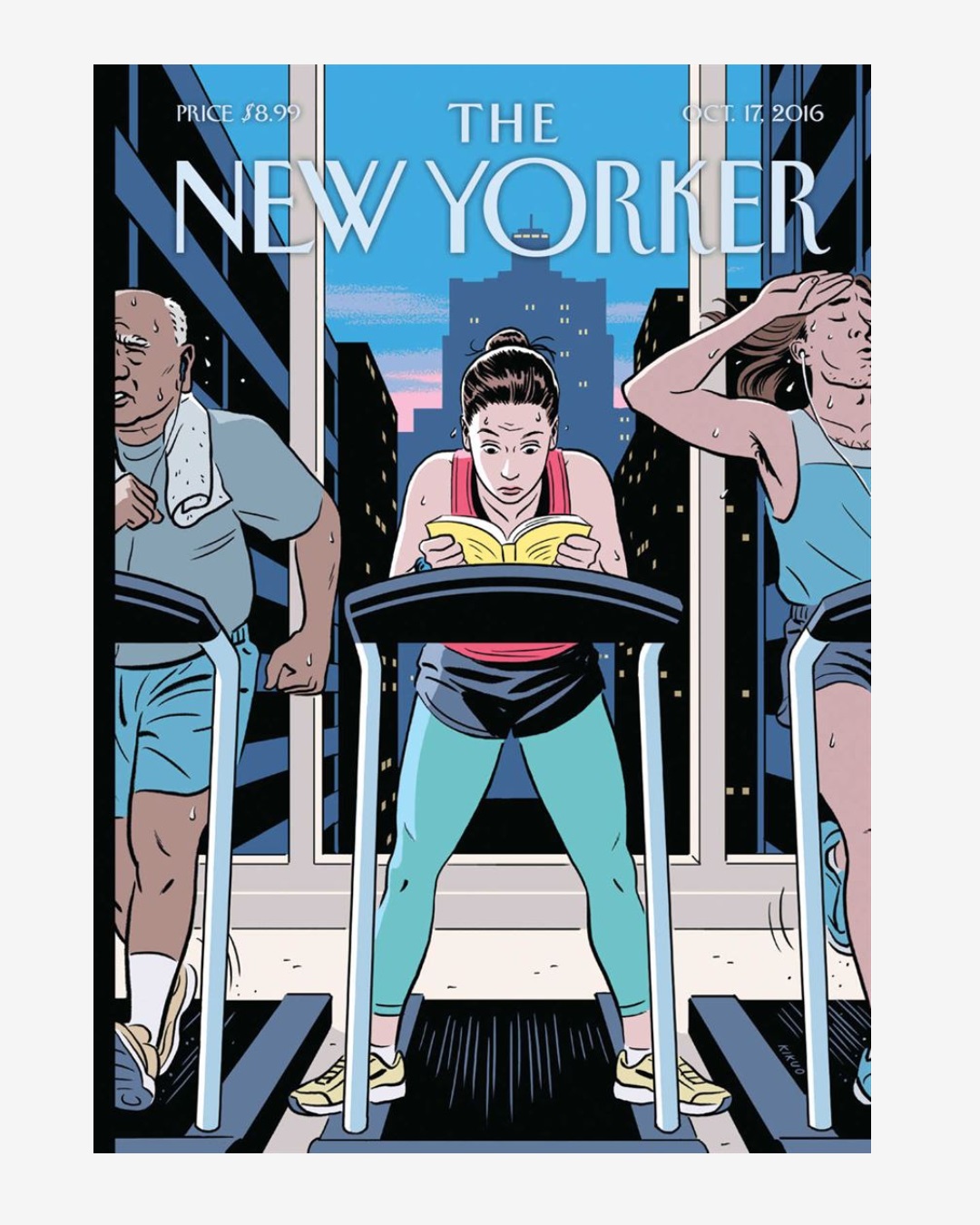 Card with treadmill and New Yorker on