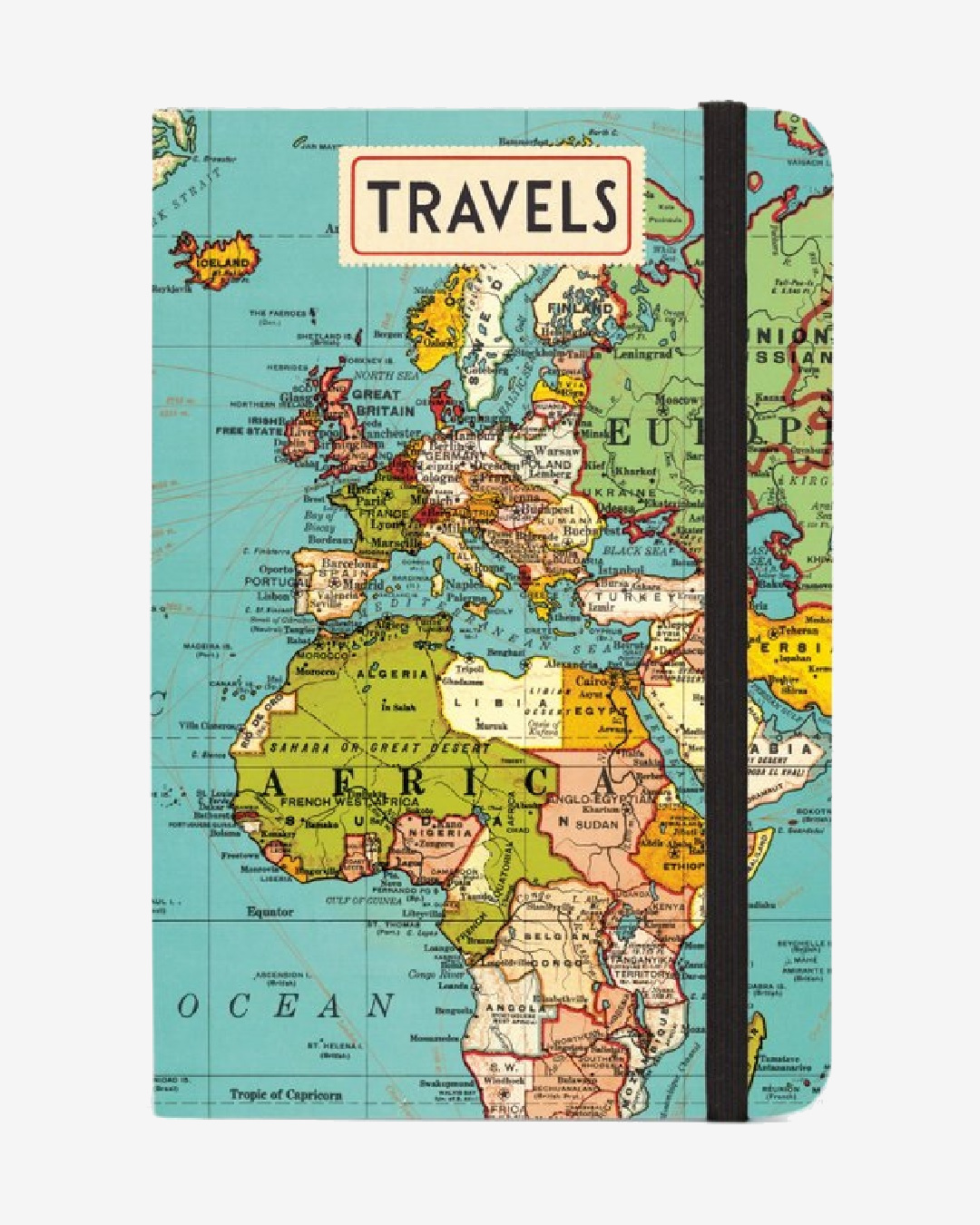 Travel vintage notebook with world map