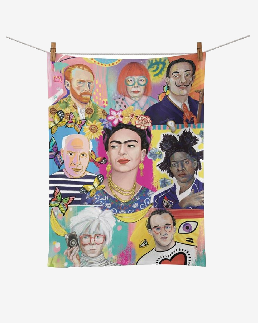 Tea towel hanging with tribute people on it