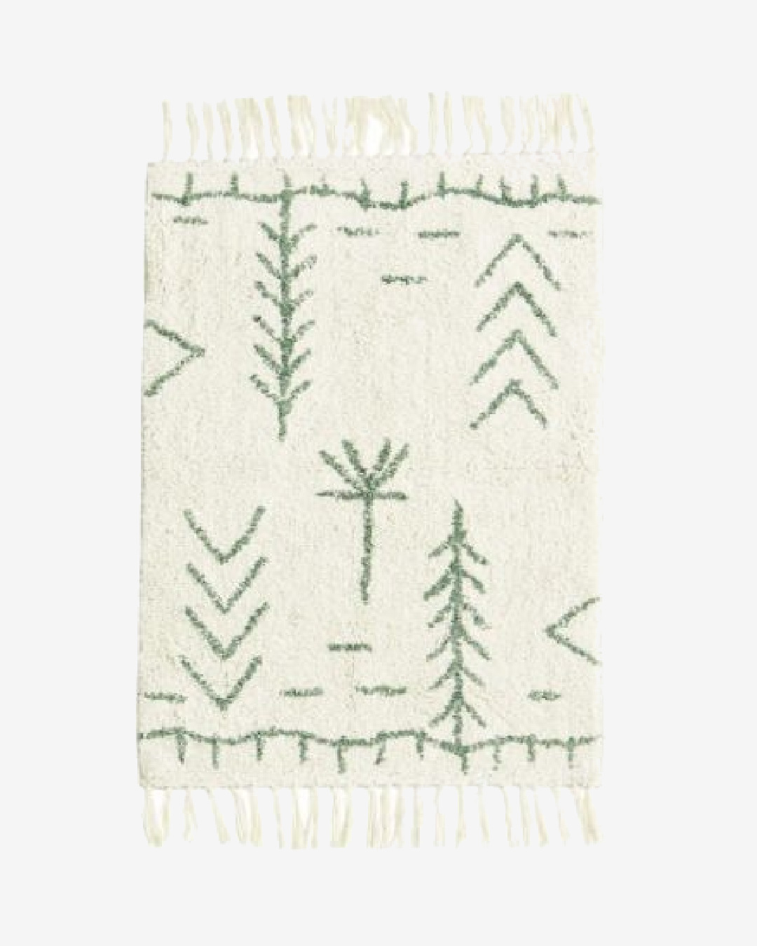 Tuffed cotton bath mat ivory with tassels and green stick tree pattern