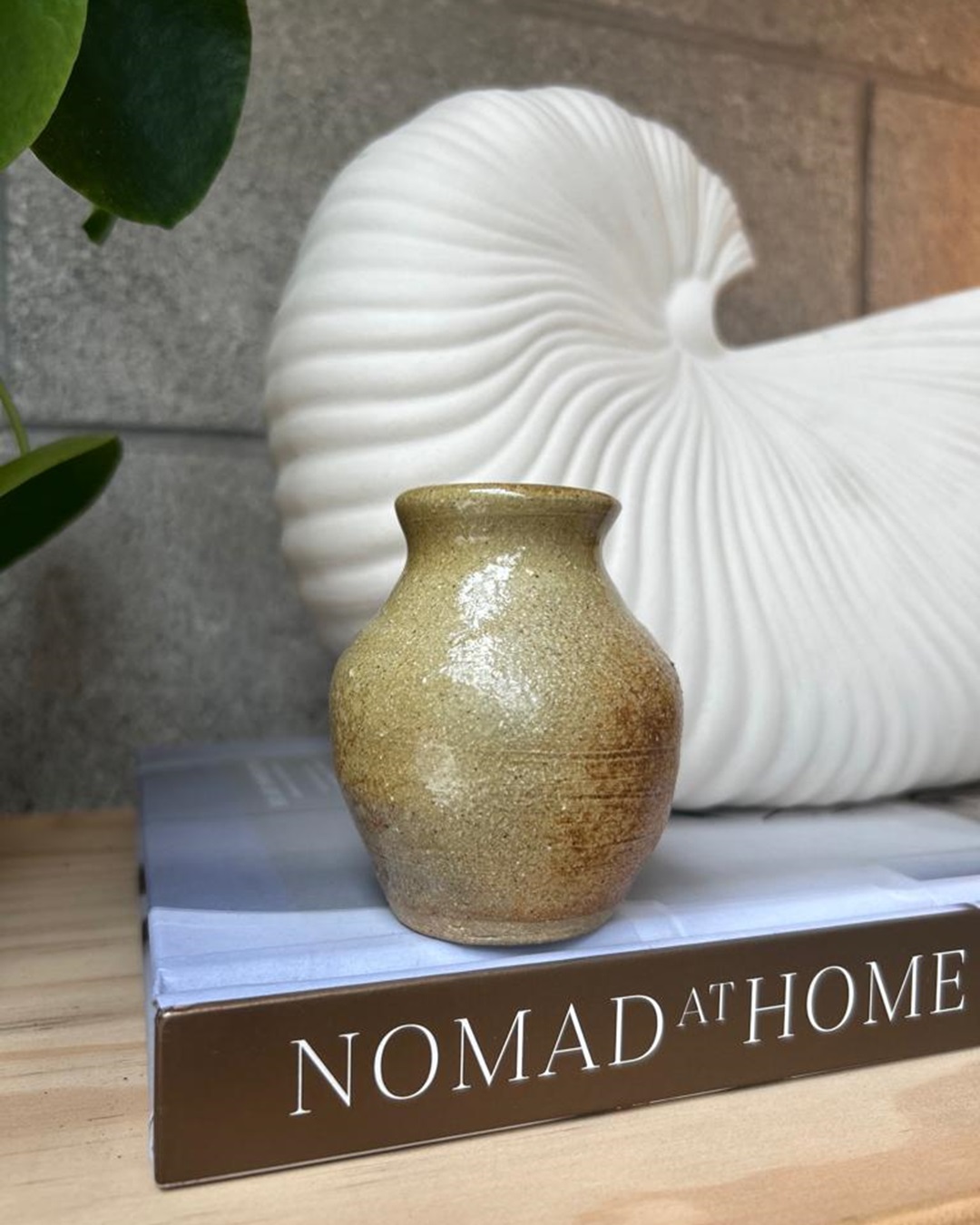Stoneware vase on book on shelf