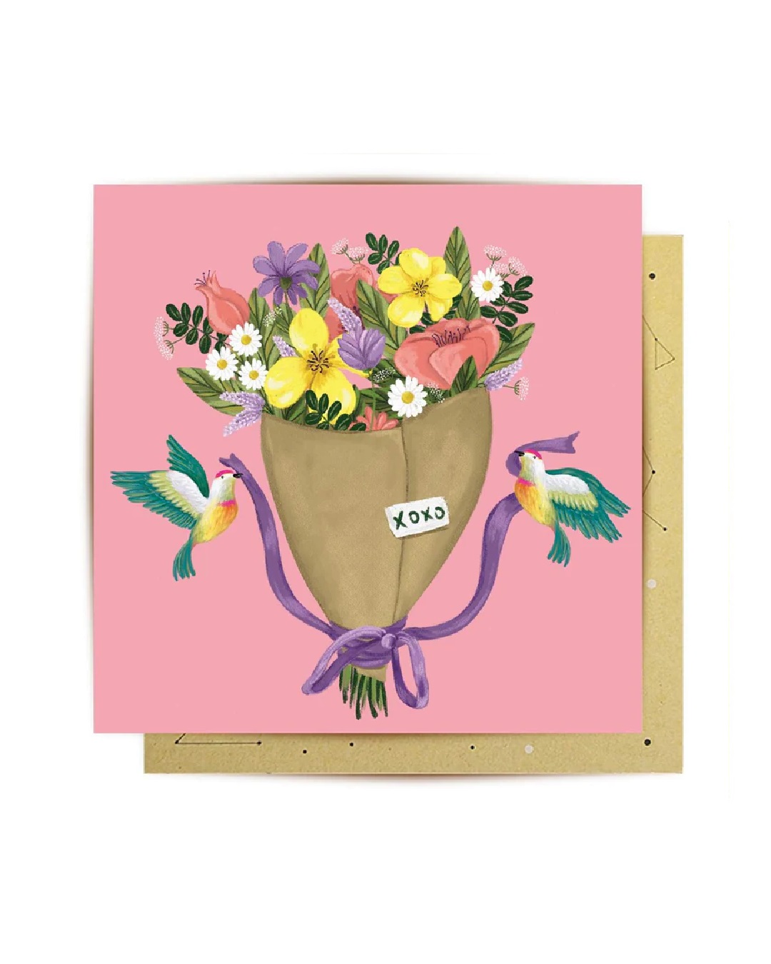 Pink card with bouquet of flowers on it
