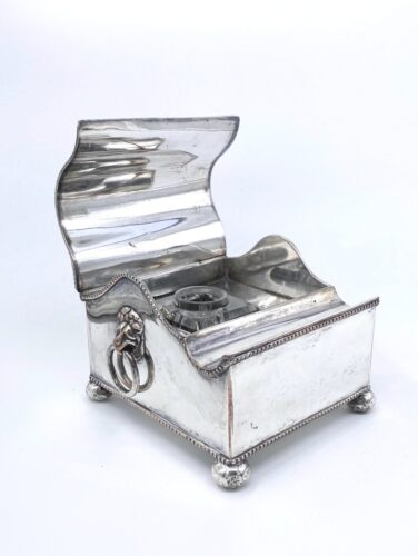 Antique Sheffield Plate Casket Form Inkwell Desk set