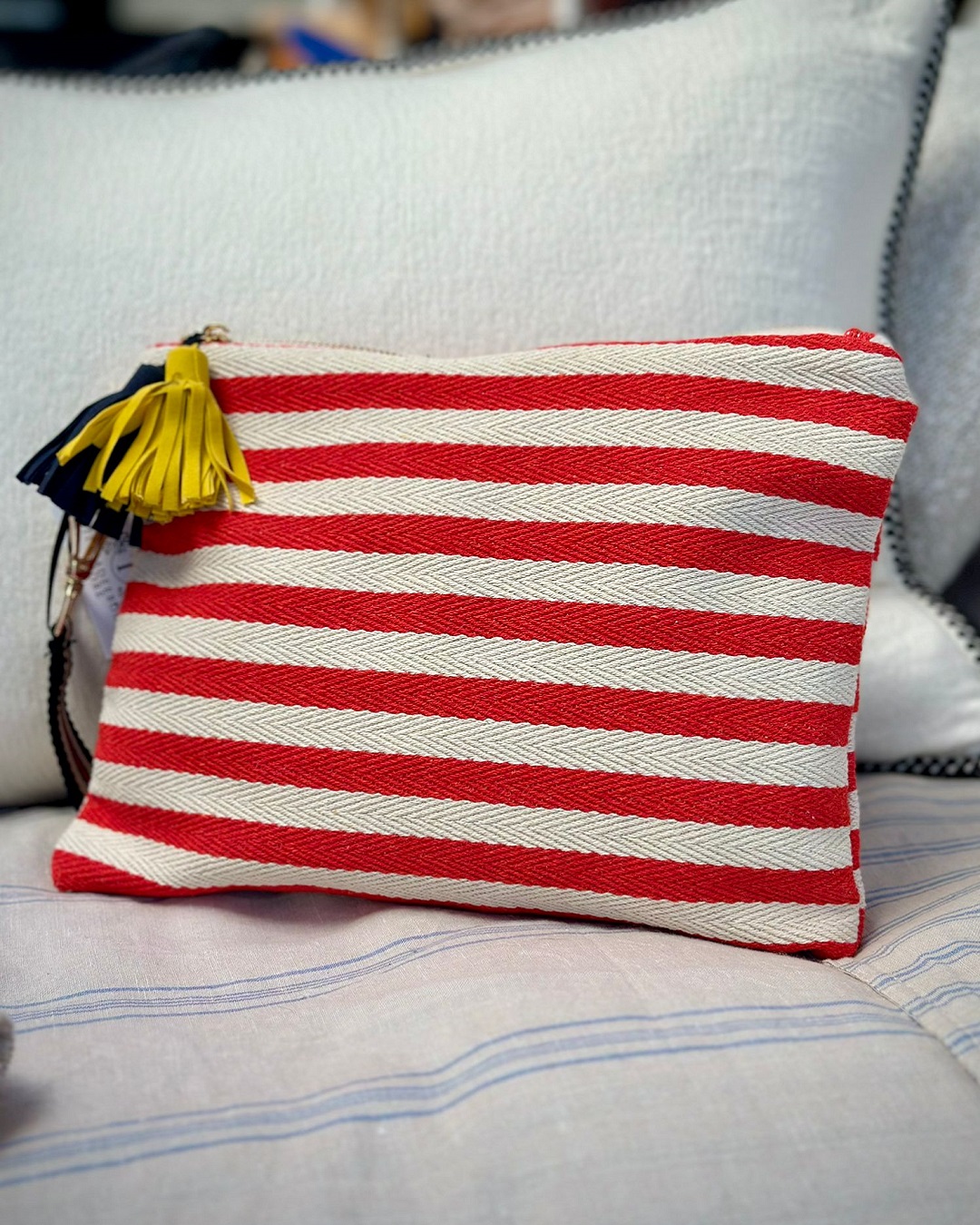 Red and white stripe back with black and gold tassels