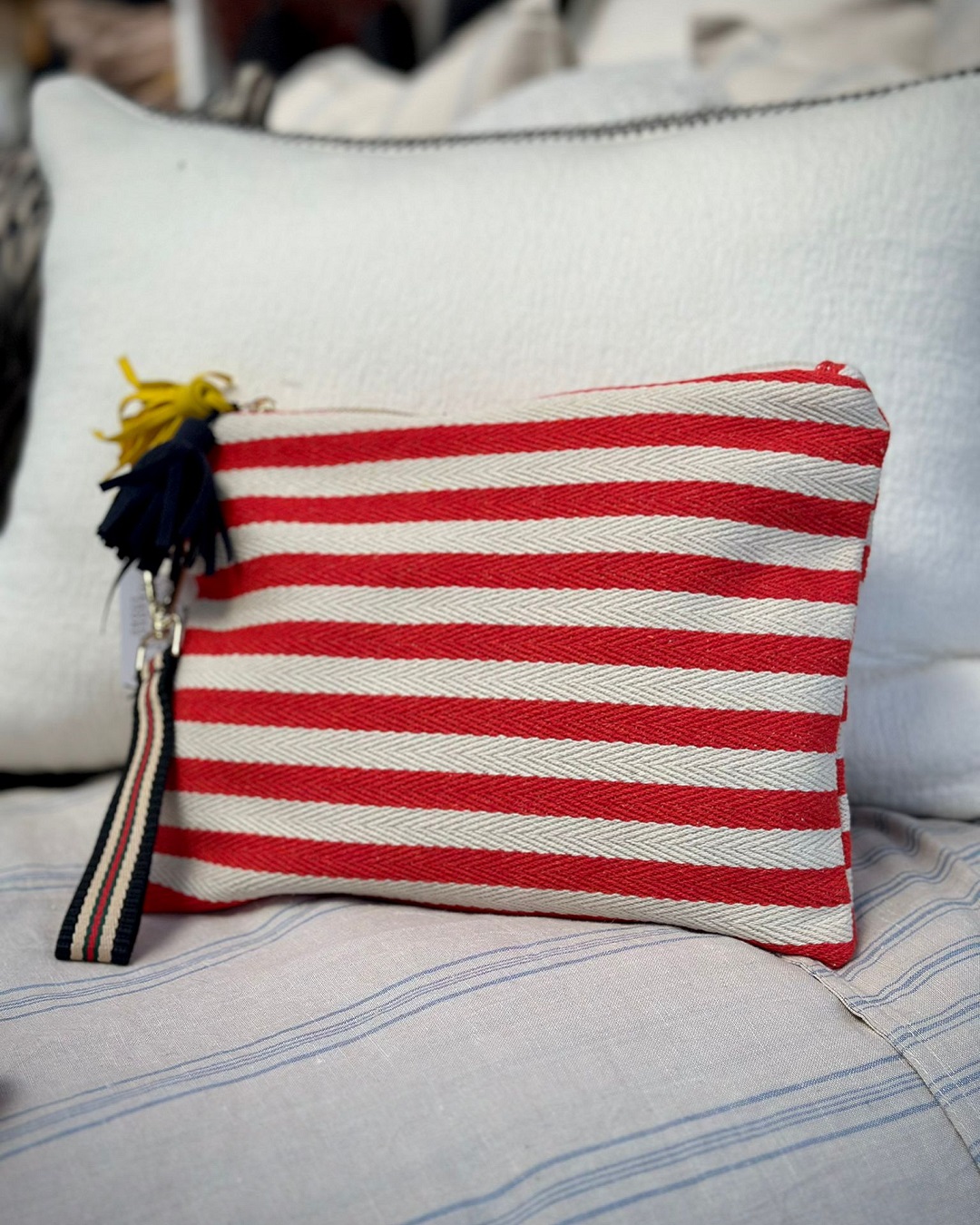 Red and white stripe back with black and gold tassels