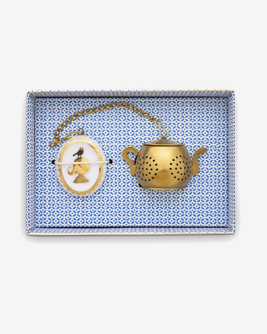 Gold teapot tea infuser with in blue box