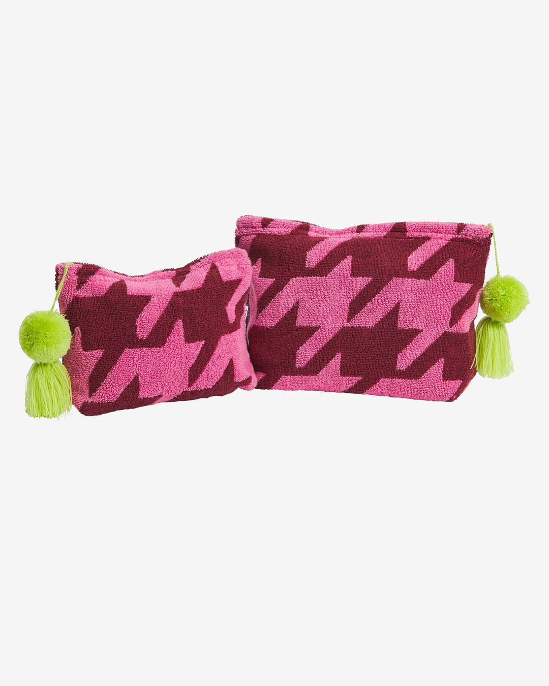 Pink pouches with green pom poms