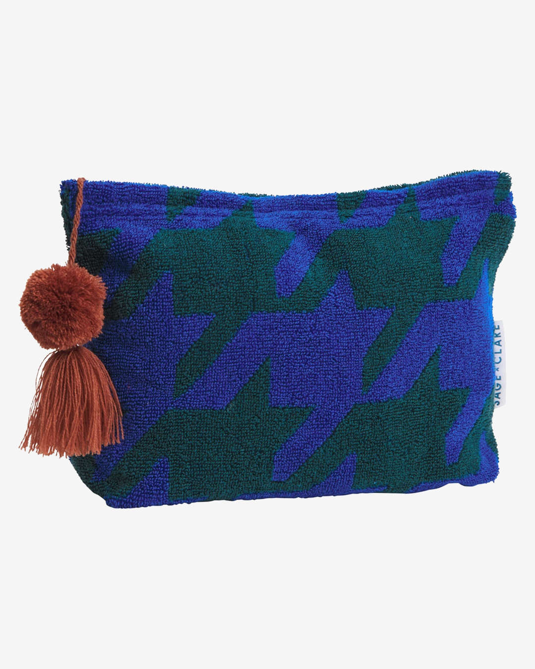 Blue and green pouch with brown pom pom